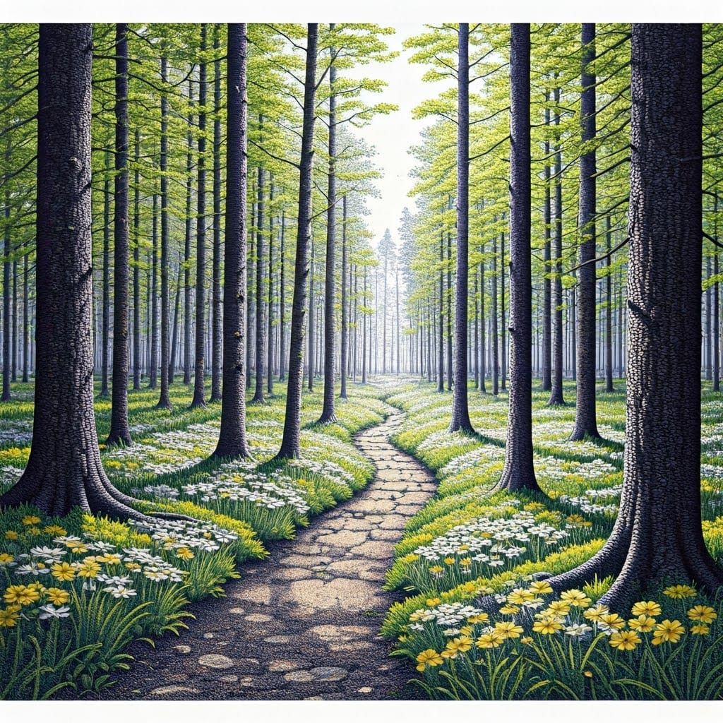 Ink drawing stippling springtime forest