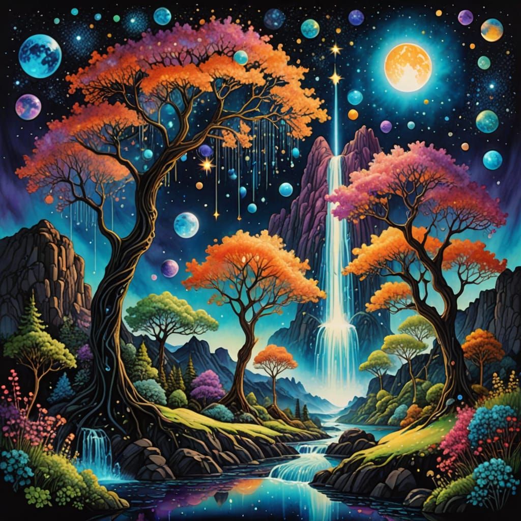 waterfall of stars flowing into glowing alien trees under a ...