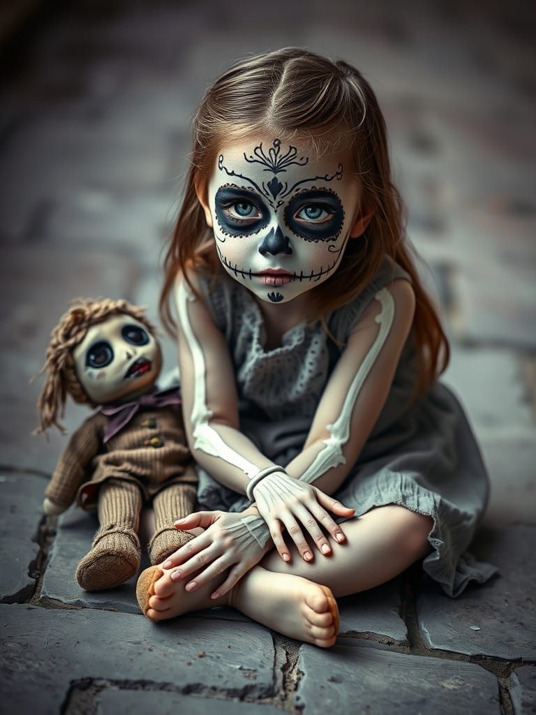 Sugar Skull Girl with Rag Doll: Macabre Beauty