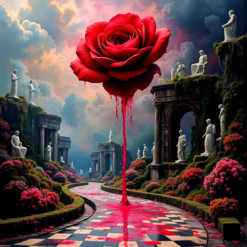 Blood Red Rose Bleeding onto Checkerboard Ocean