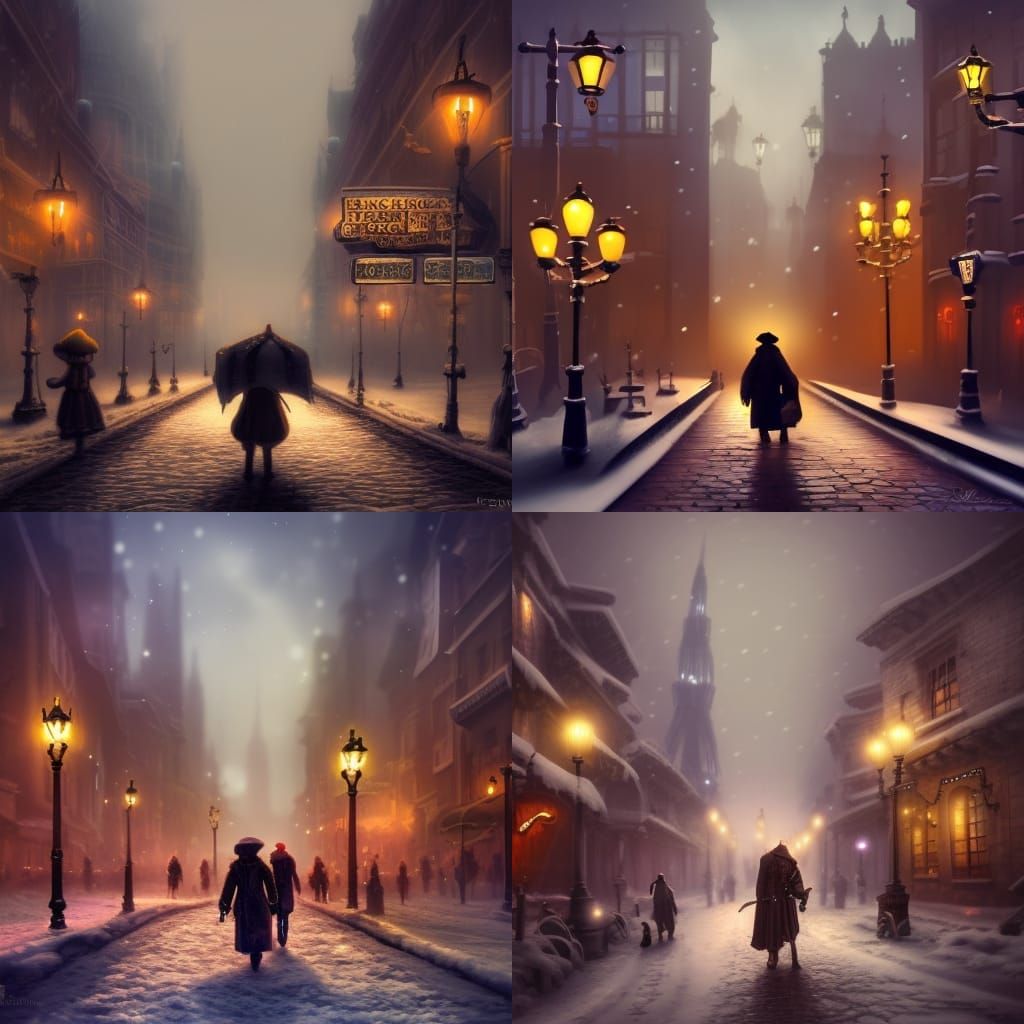 Snowy Steampunk Cityscape at Night in Detailed Matte Paintin...