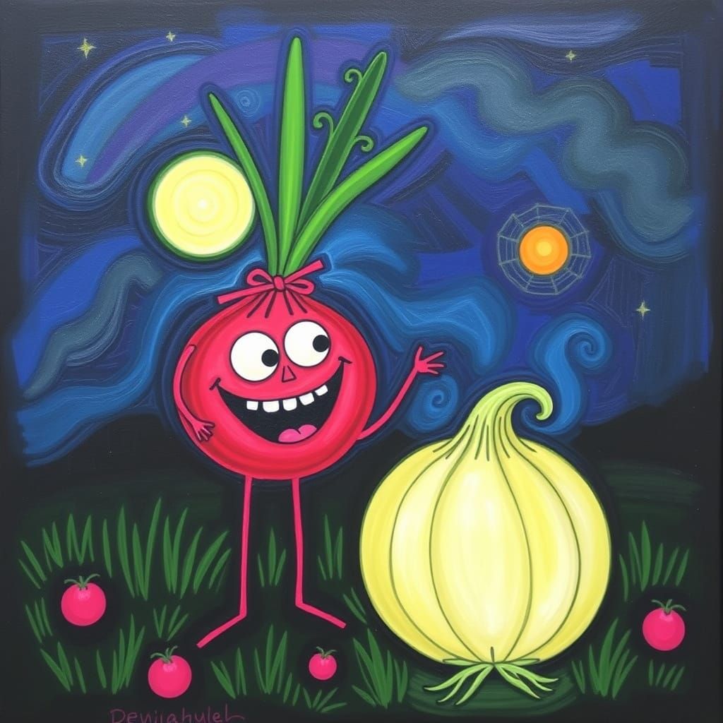 Whimsical Onion Character Under Moonlight