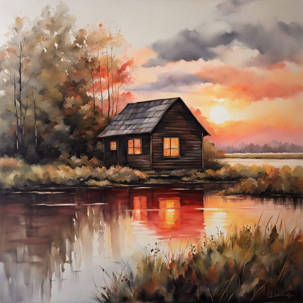Crimson Sunset Over Wetland With Rustic Cabin