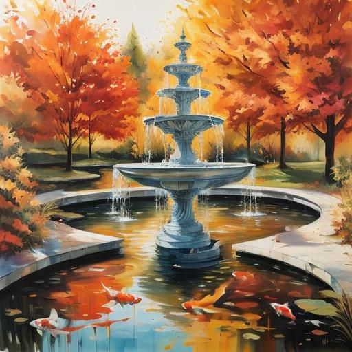 Koi in Autumn Fountain: Comic Book Illustration