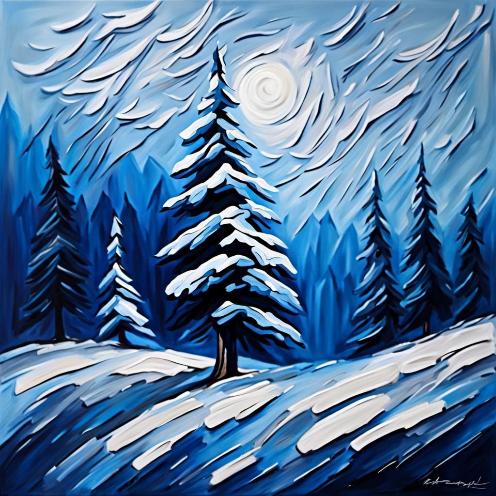 Textured Snowy Pine Tree in Impasto Style