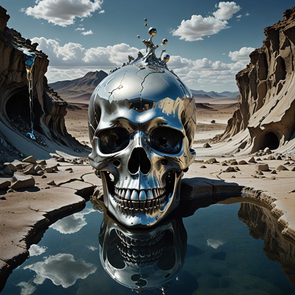 Dreamlike Skull Descends into Shimmering Mercury Pool, Amids...
