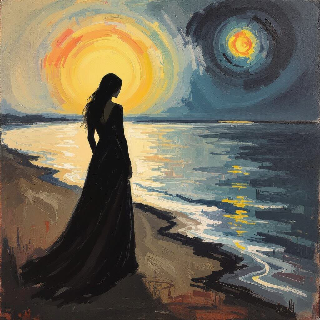 Woman on Shoreline in Style of Edvard Munch
