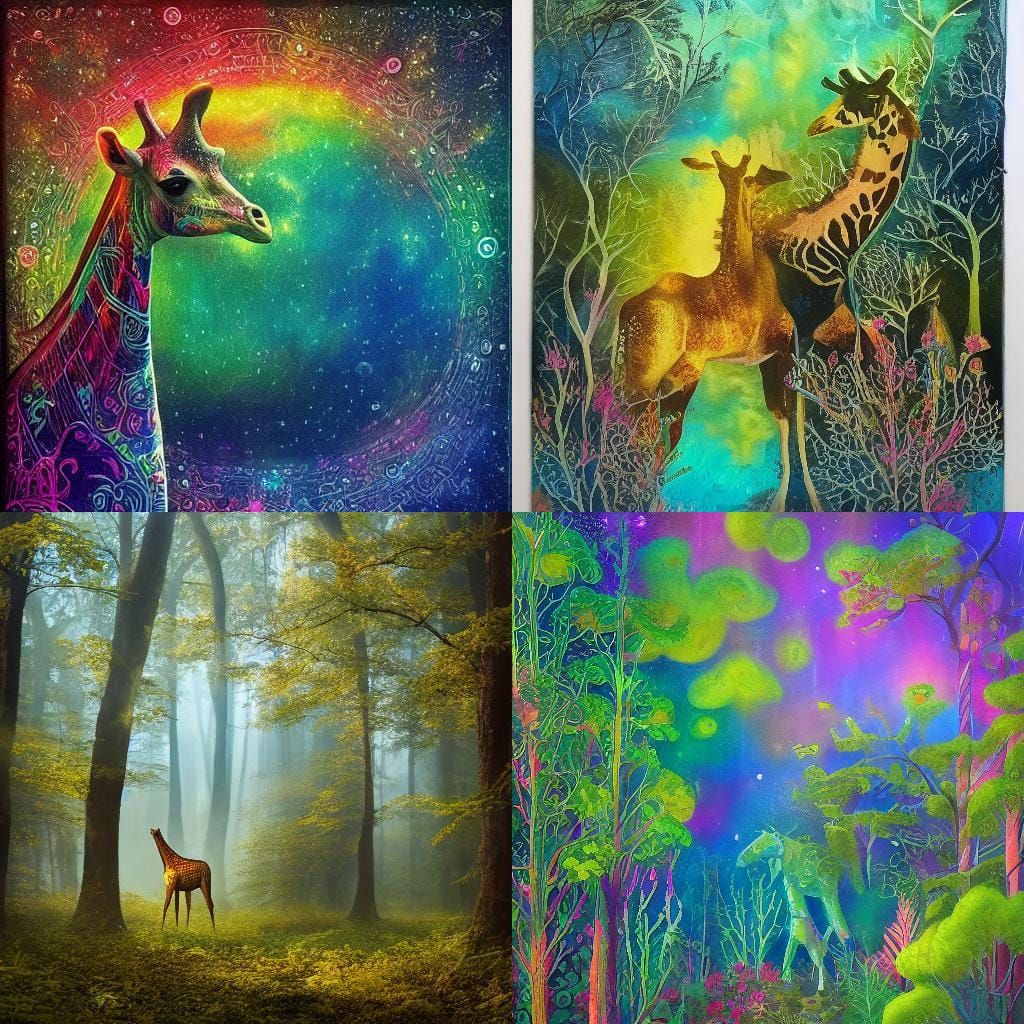 Giraffe and Child in Psychedelic Forest