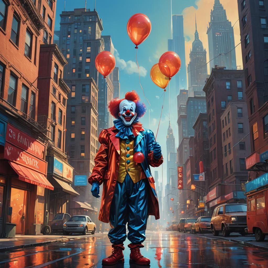 Dreamlike Cityscape: Shiny Clown with Red Balloon