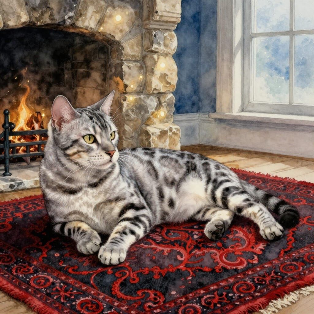 Bengal Cat on Crimson Rug in Firelight Watercolor Style