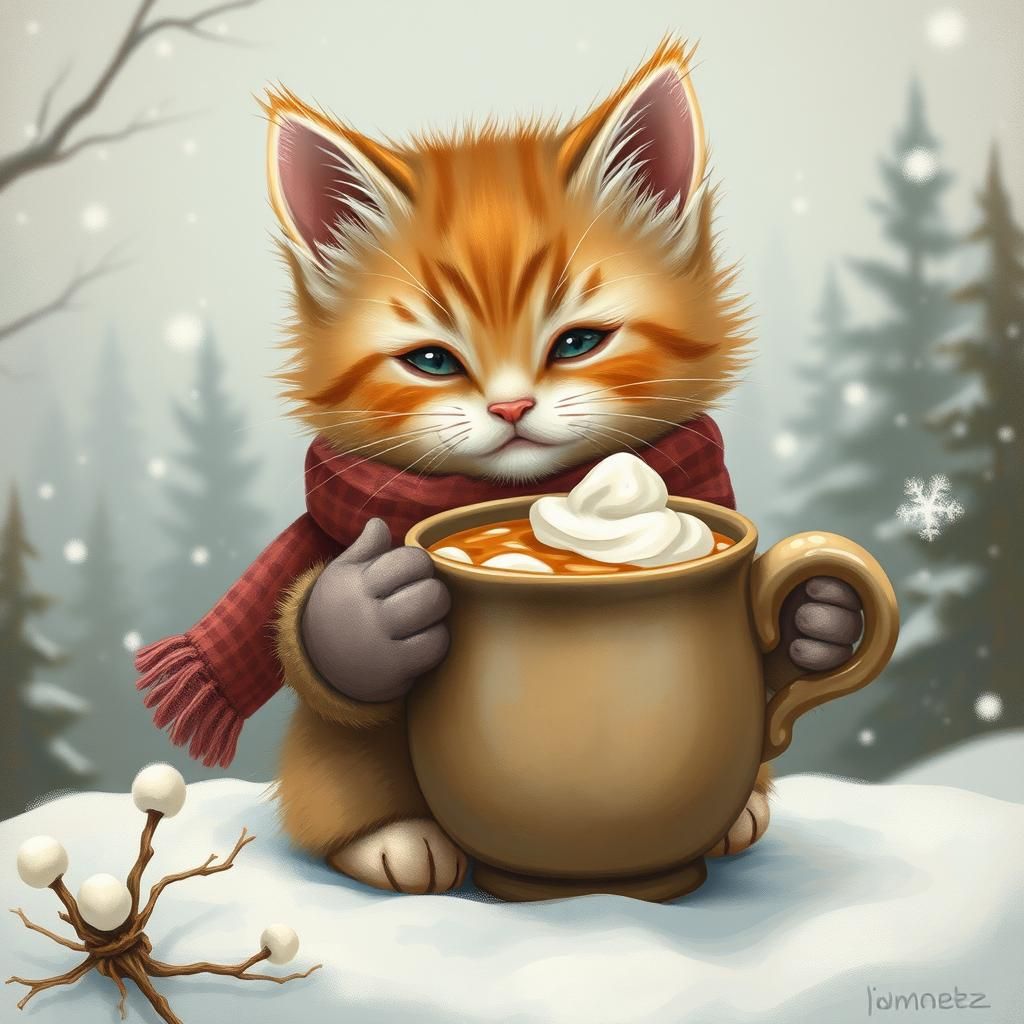 Winter Kitten Enjoying Hot Cocoa: Gouache Illustration