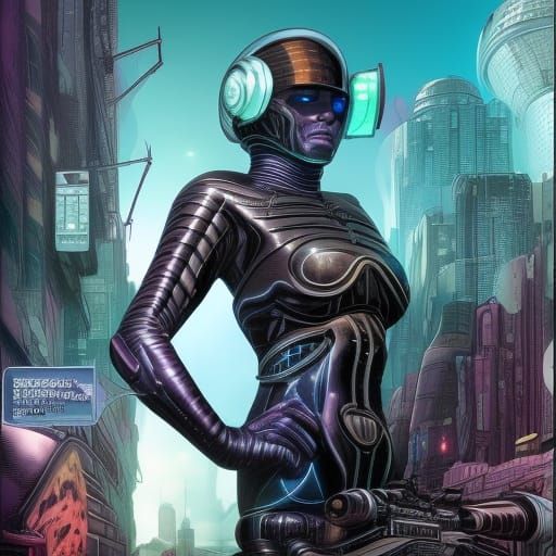 Cyberpunk God Overlooks Giant City in Comic Book Art