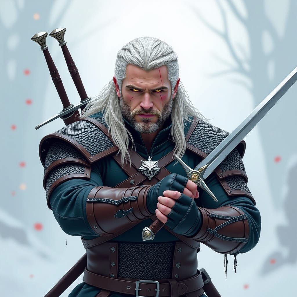 Geralt of Rivia in Combat: A Dark Fantasy Illustration