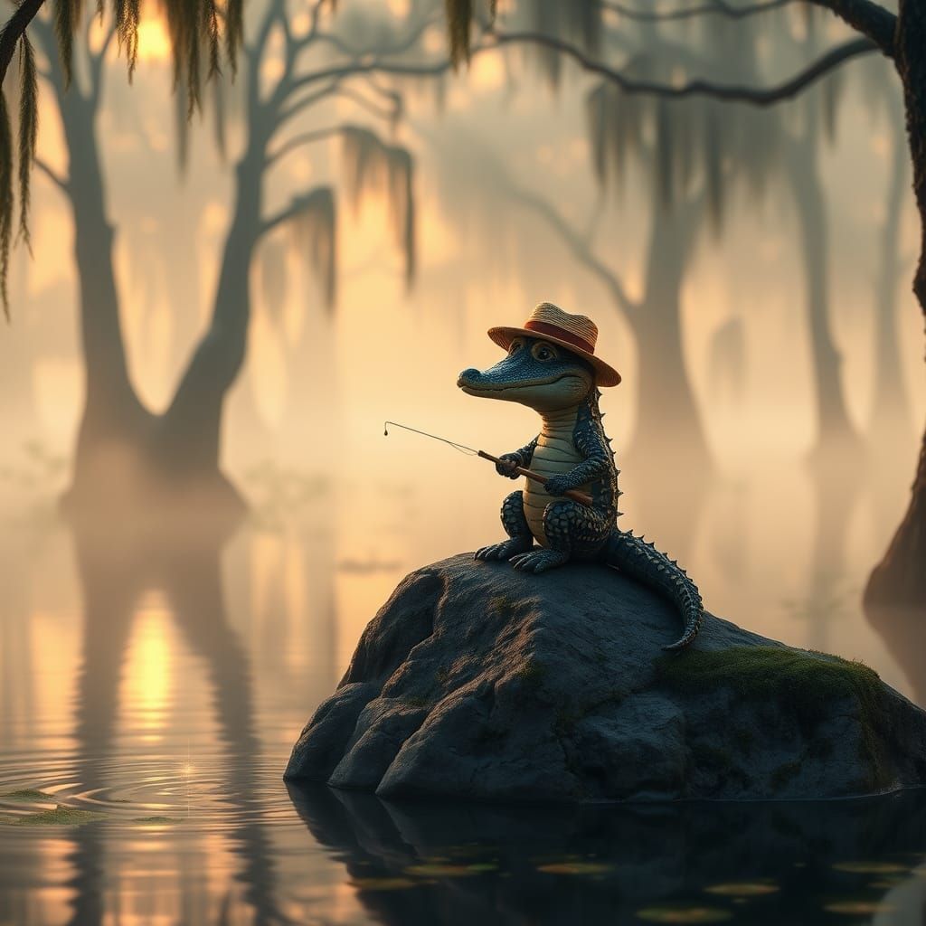 Adorable Crocodile Fishing in Misty Swamp