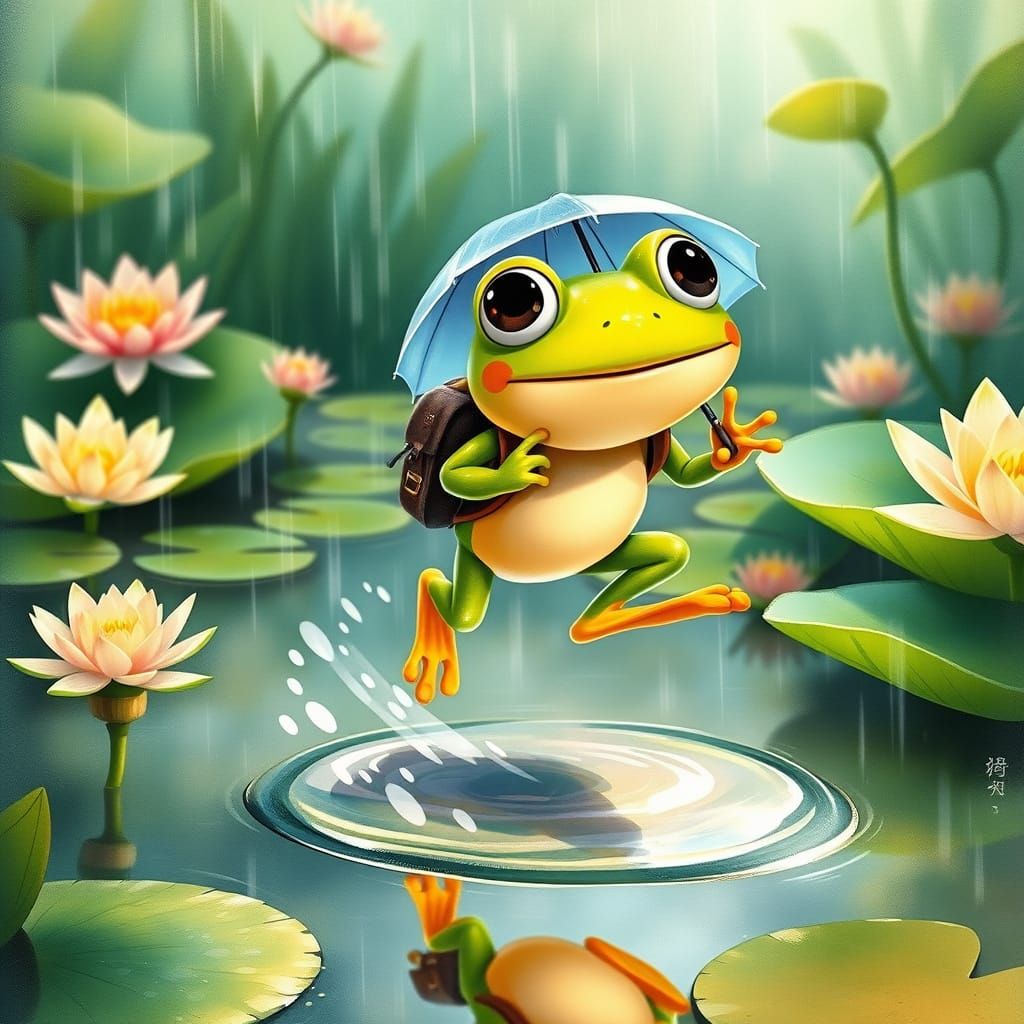 Miyazaki-Inspired Frog Jumps Through Rainy Day Puddles in An...