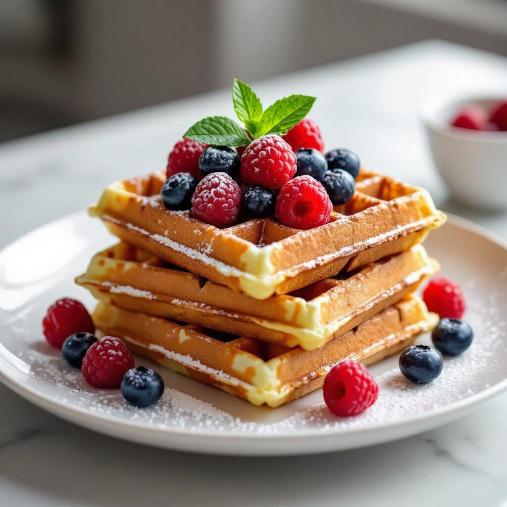 Waffles with Berries in Minimalist Digital Painting Style