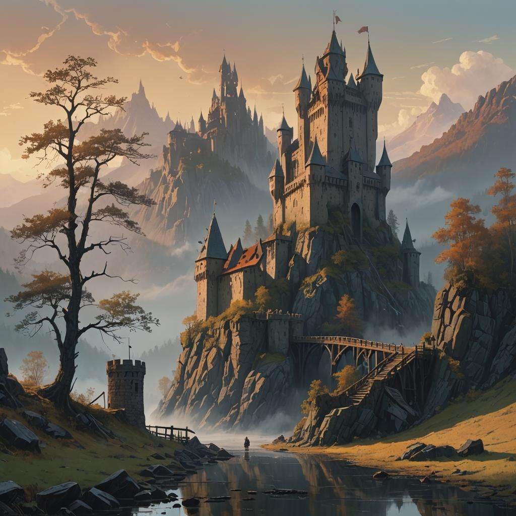 Medieval Castle with Ghost in Matte Painting Style