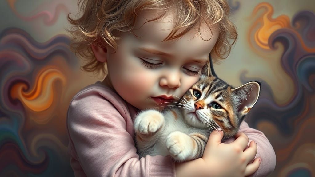 Surreal Whimsy: A Child's Gentle Trance with Melting Feline