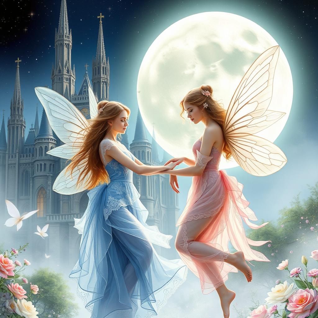 Fairies Dance in Moonlight, Watercolor and Alcohol Ink