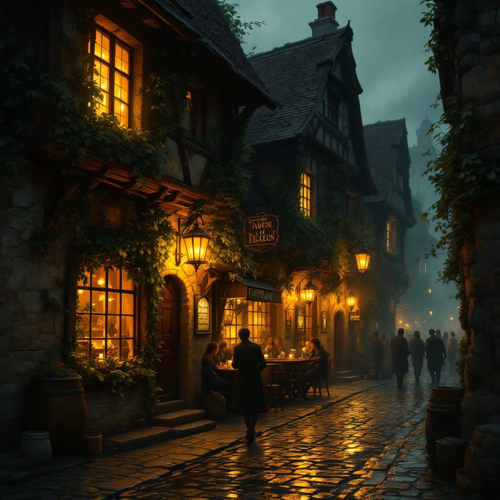 Cozy Medieval Tavern in Misty Night Alley