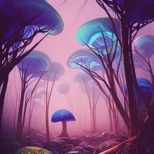 Luminescent Mushroom Jungle Wonderland at Sunset