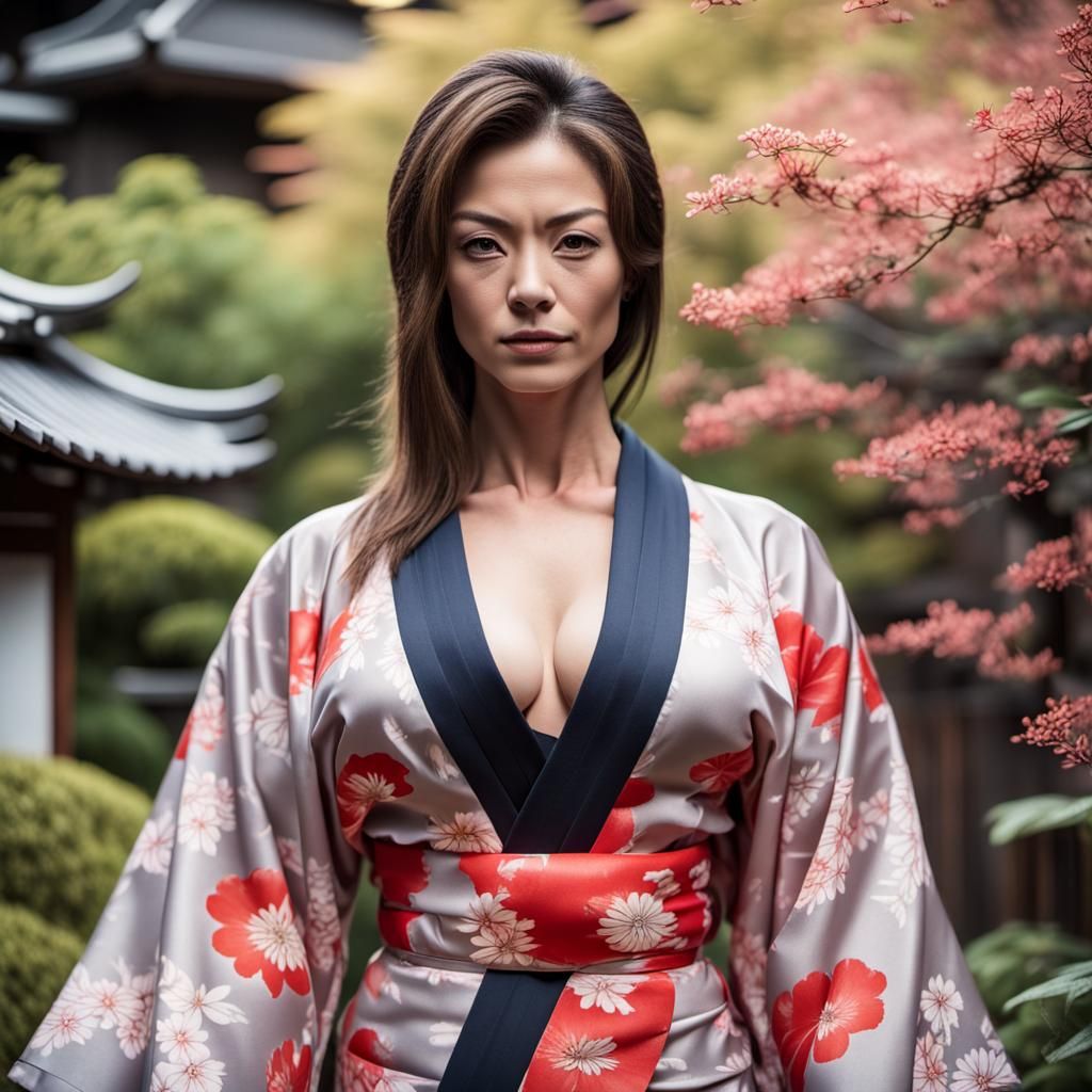 Muscular Woman in Kimono at Evening Garden