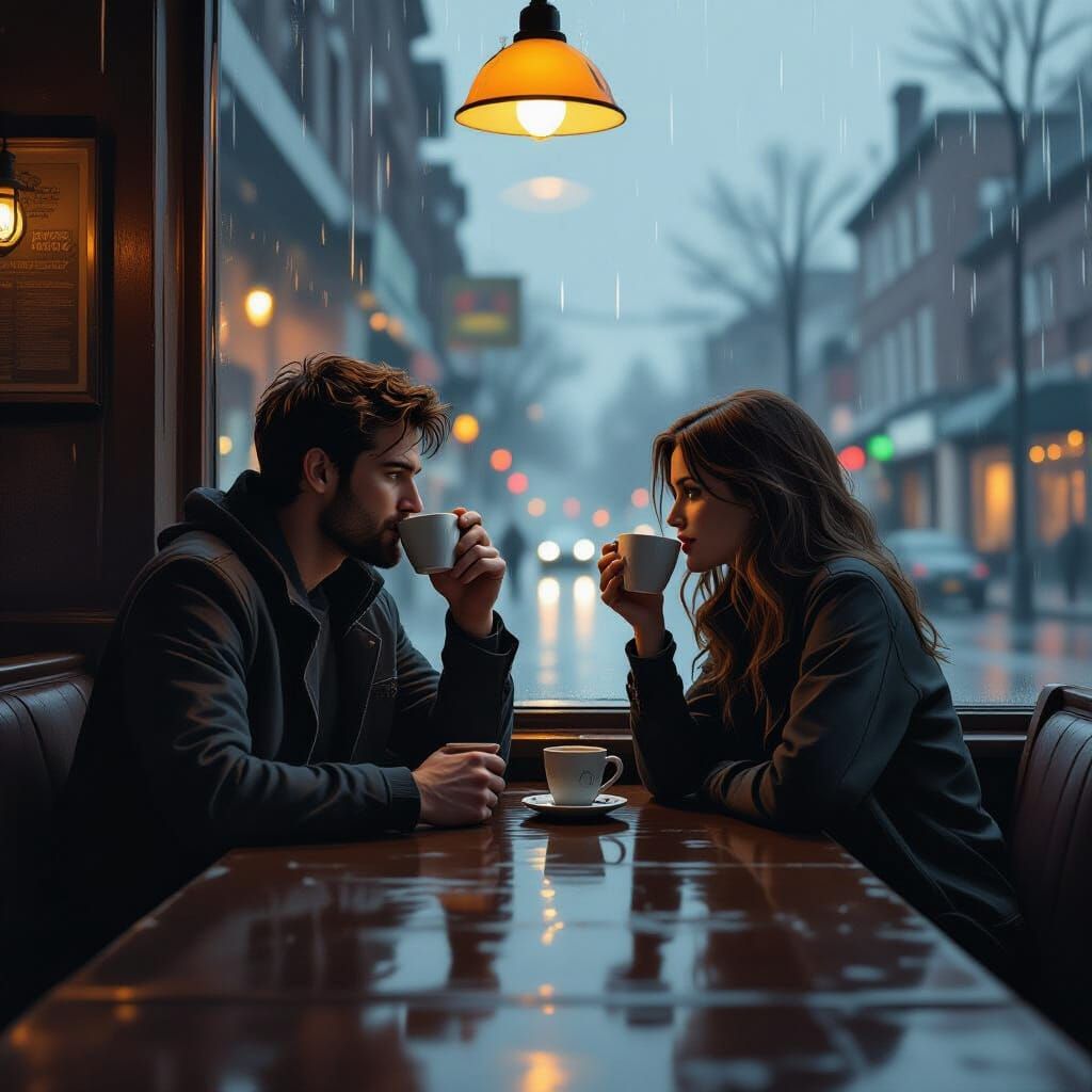 Rainy Bar Scene with Comic Book Art Style