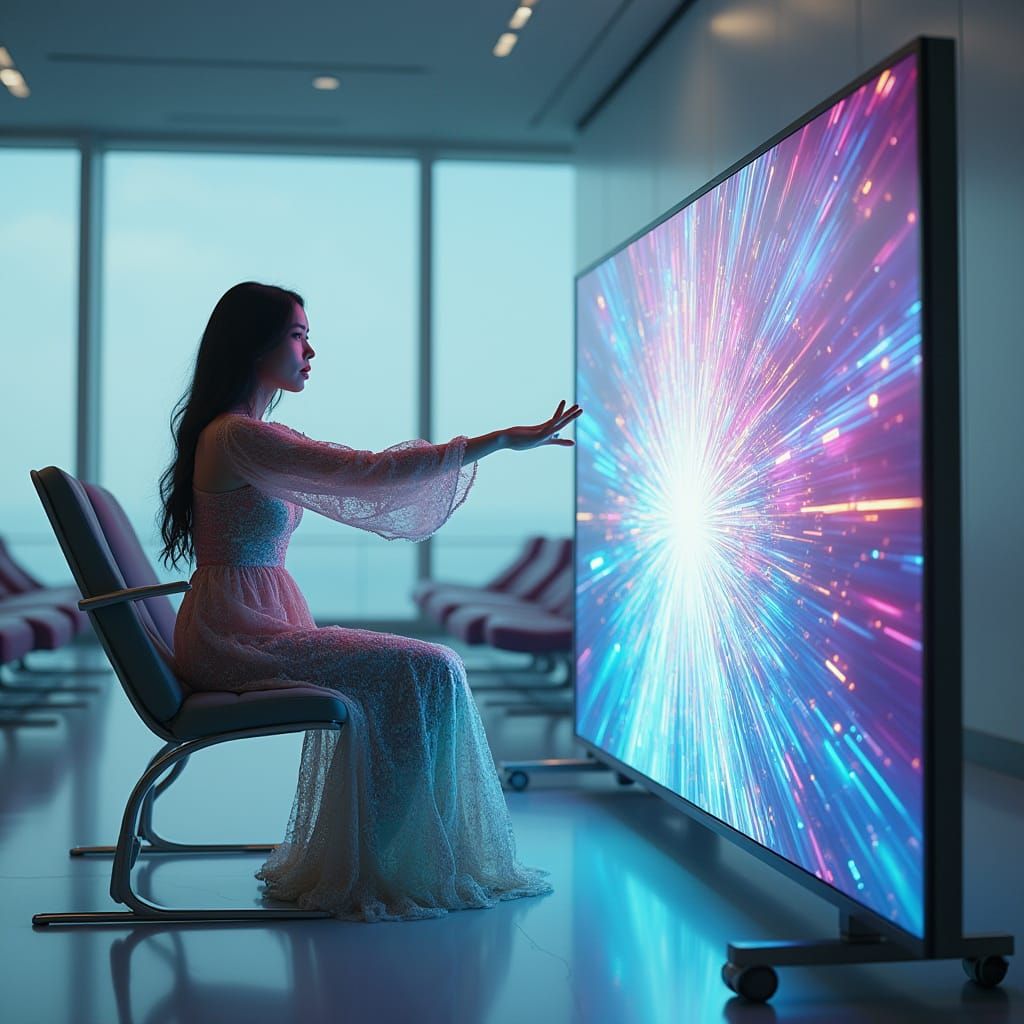 Ethereal Woman Sits in Futuristic Waiting Room, Surrounded b...