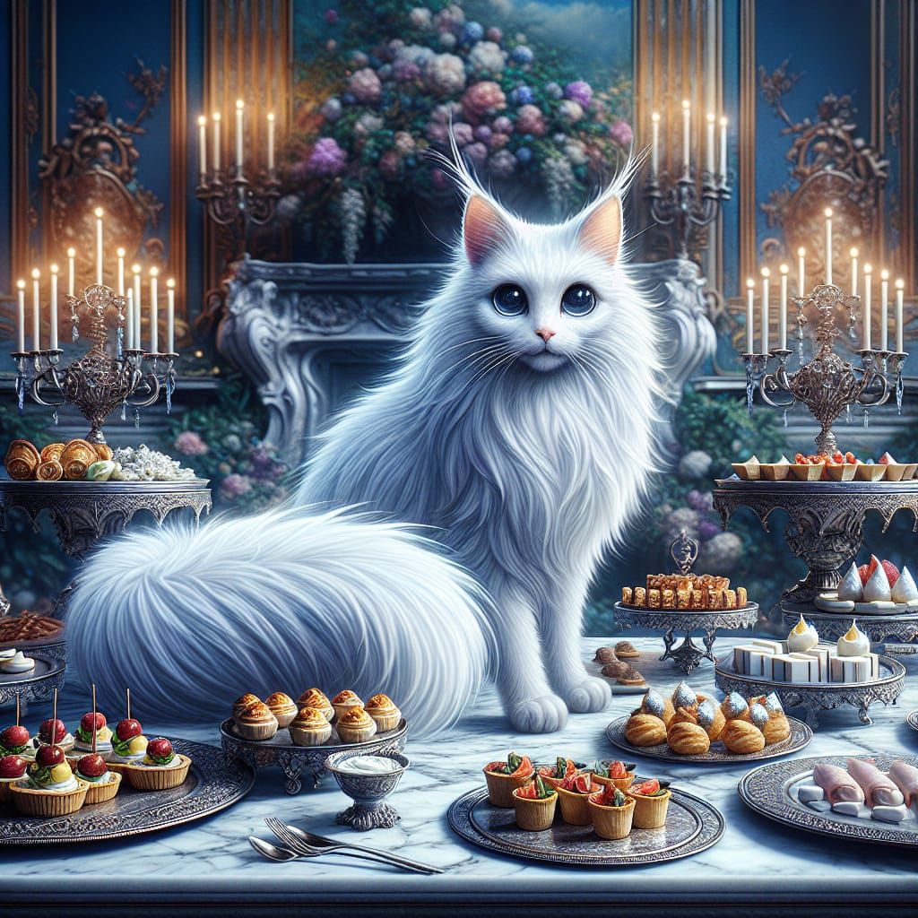 Cat Amongst Appetizers in Hyperdetailed Matte Painting