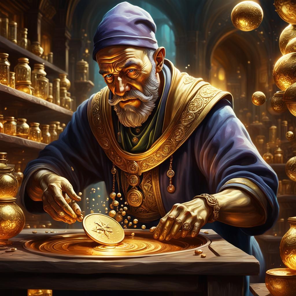 Alchemist Examines Gold in Hyperrealistic Splash Art