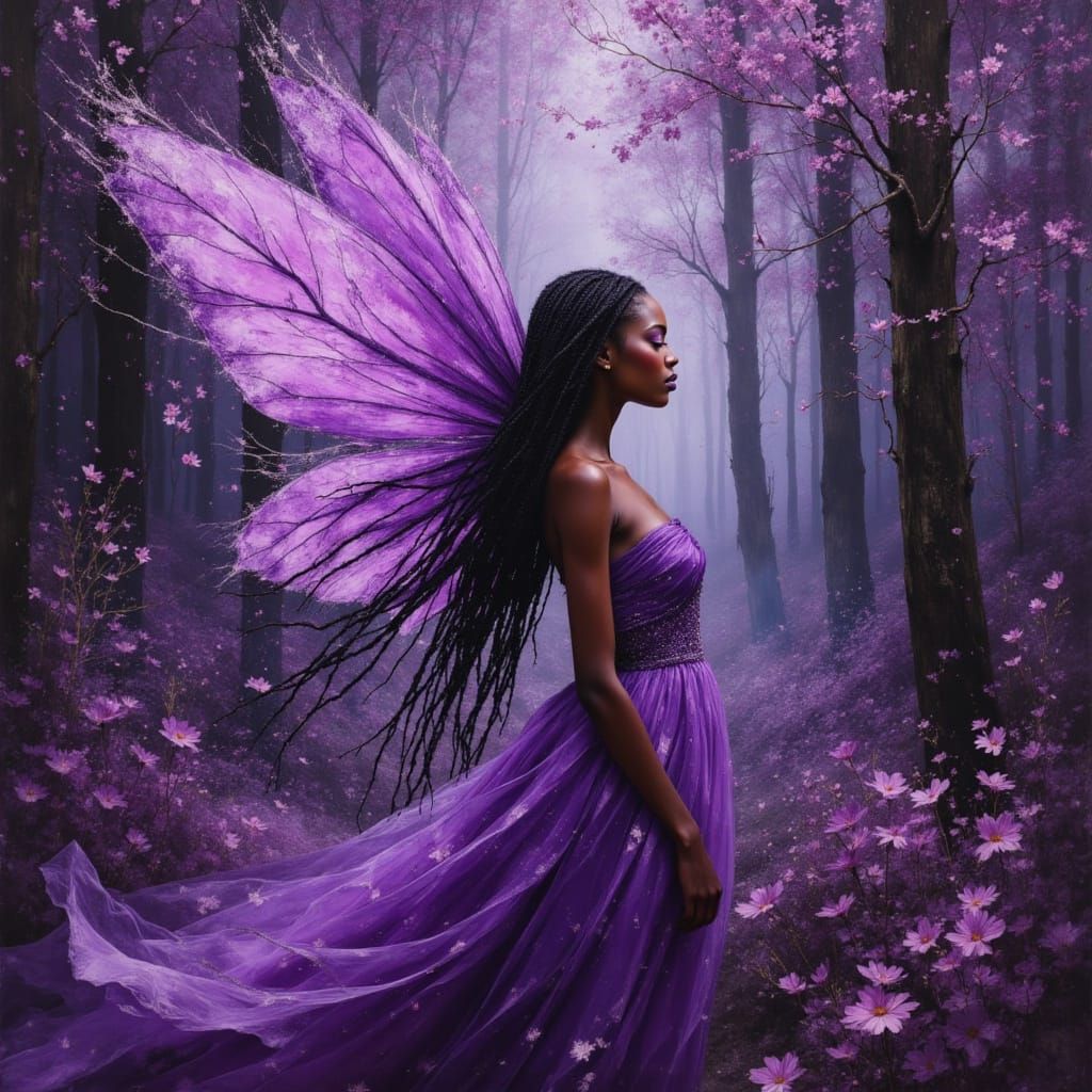 African Fairy in Violet Baroque Oil Painting