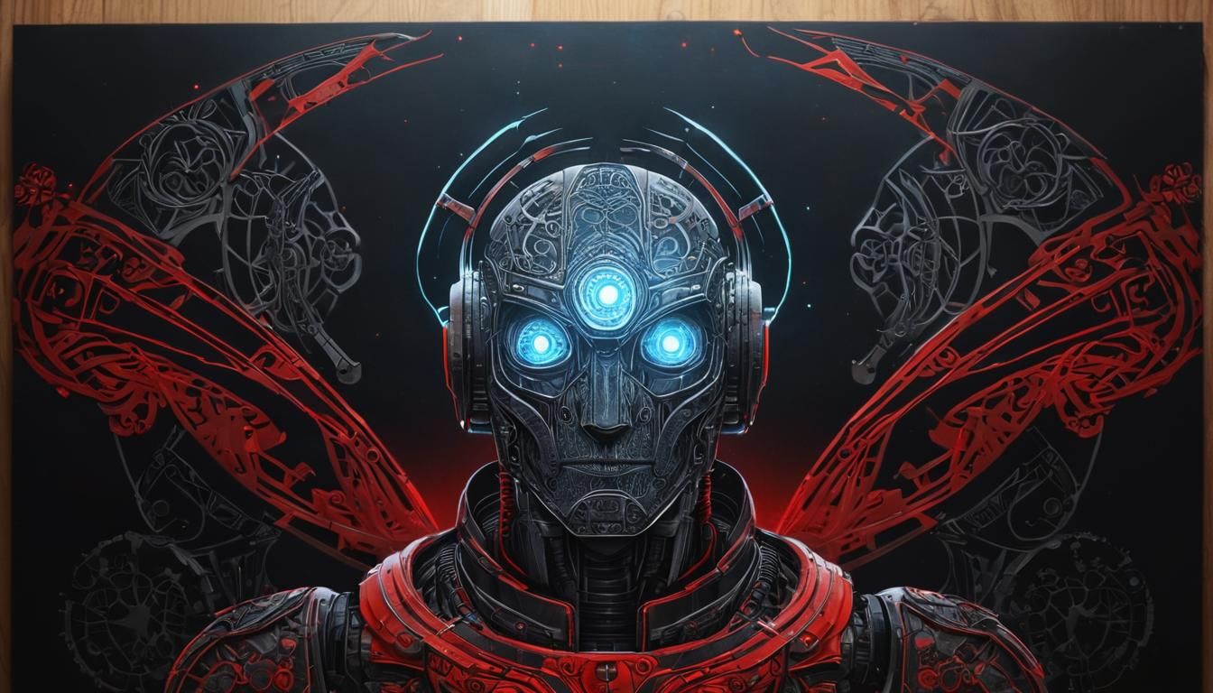 Holographic Robot: Art Deco Woodcut Oil Painting