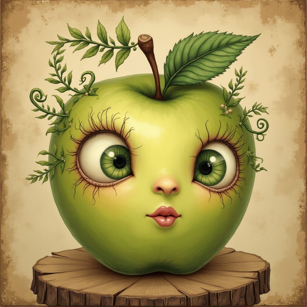 Surreal Granny Smith Apple Character in Vintage Wood Backgro...