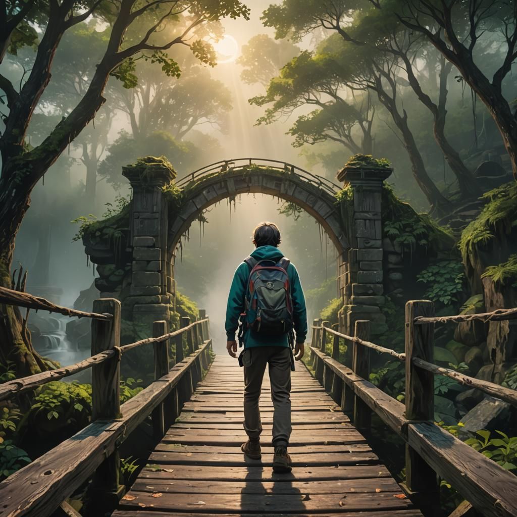 Mystical Traveler at Bridge Entrance in Ethereal Light