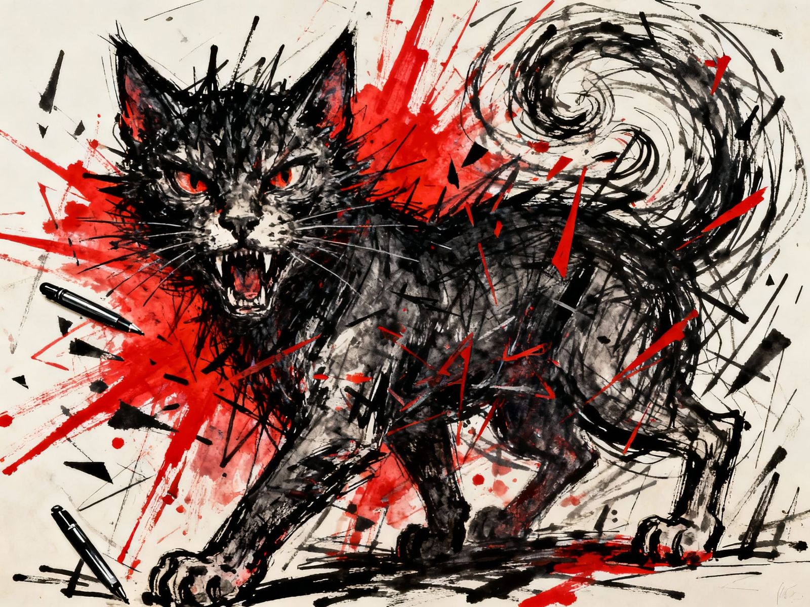 Abstract Demon Cat in Chaotic Ink Lines