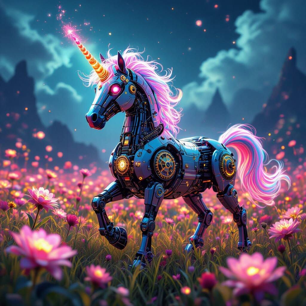 Steampunk Robot Unicorn in Fractal Flower Field