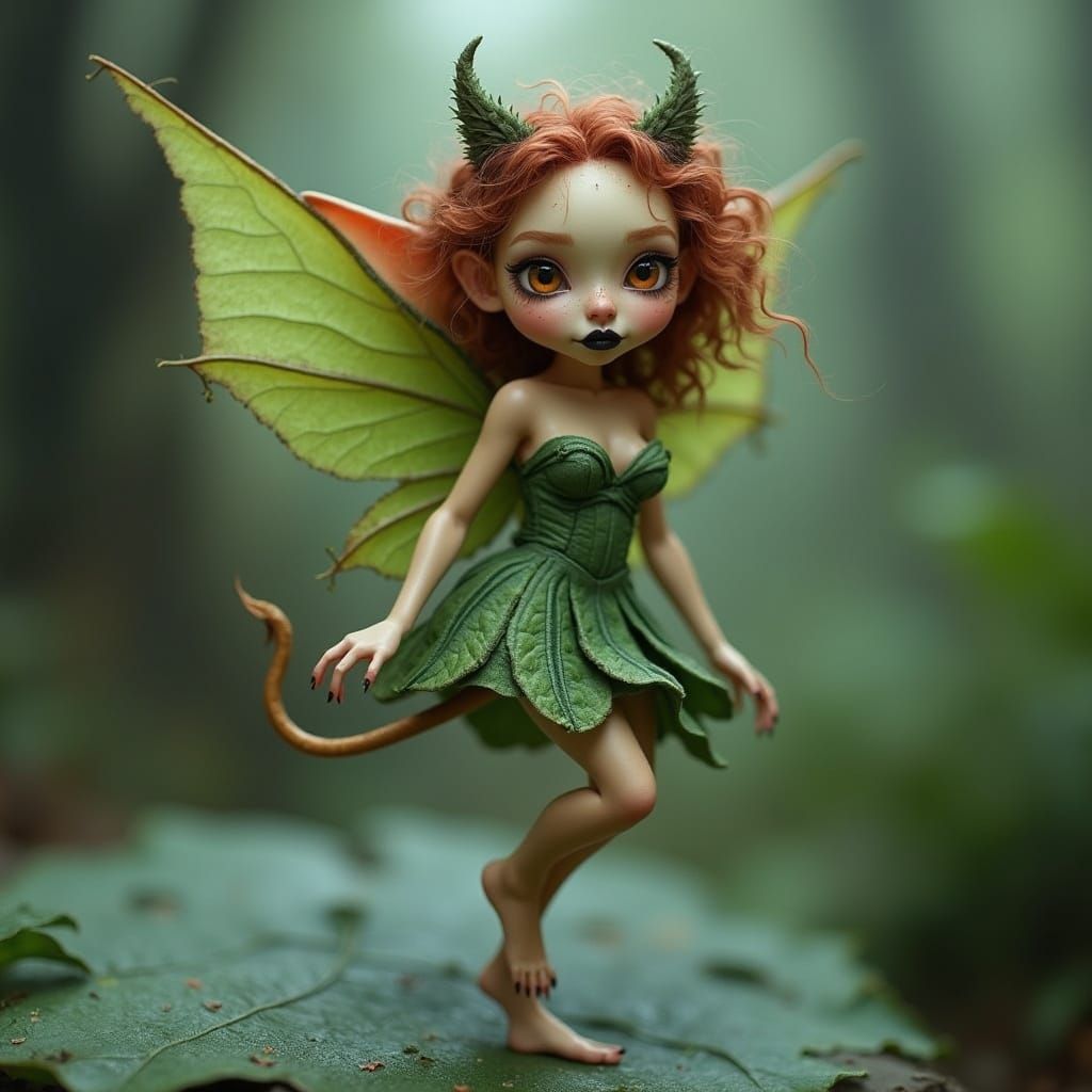 Red Demon Pixie on Dewy Leaf: Fantasy Art