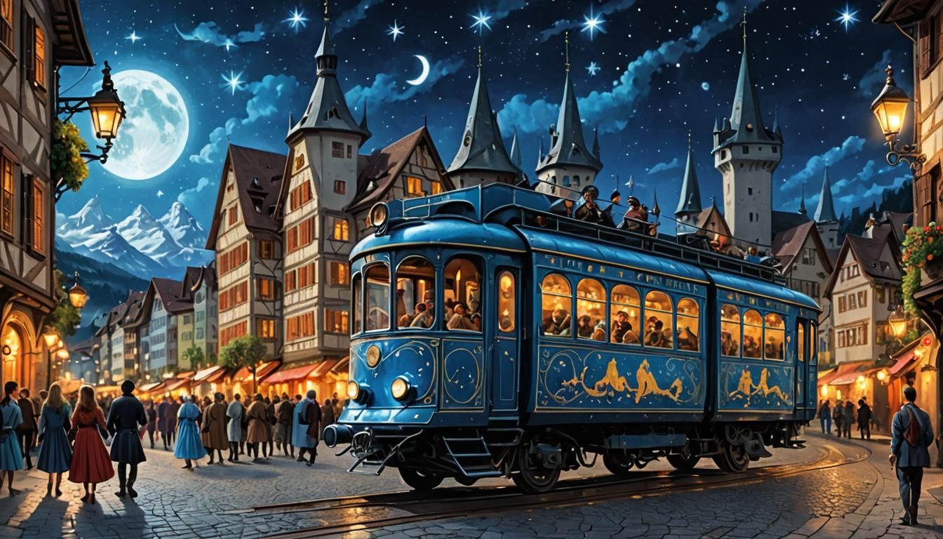 Tram in Switzerland with Blue Dolphins at Night