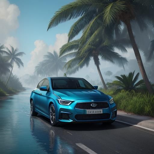 Old Blue Car on Road: Detailed Matte Painting