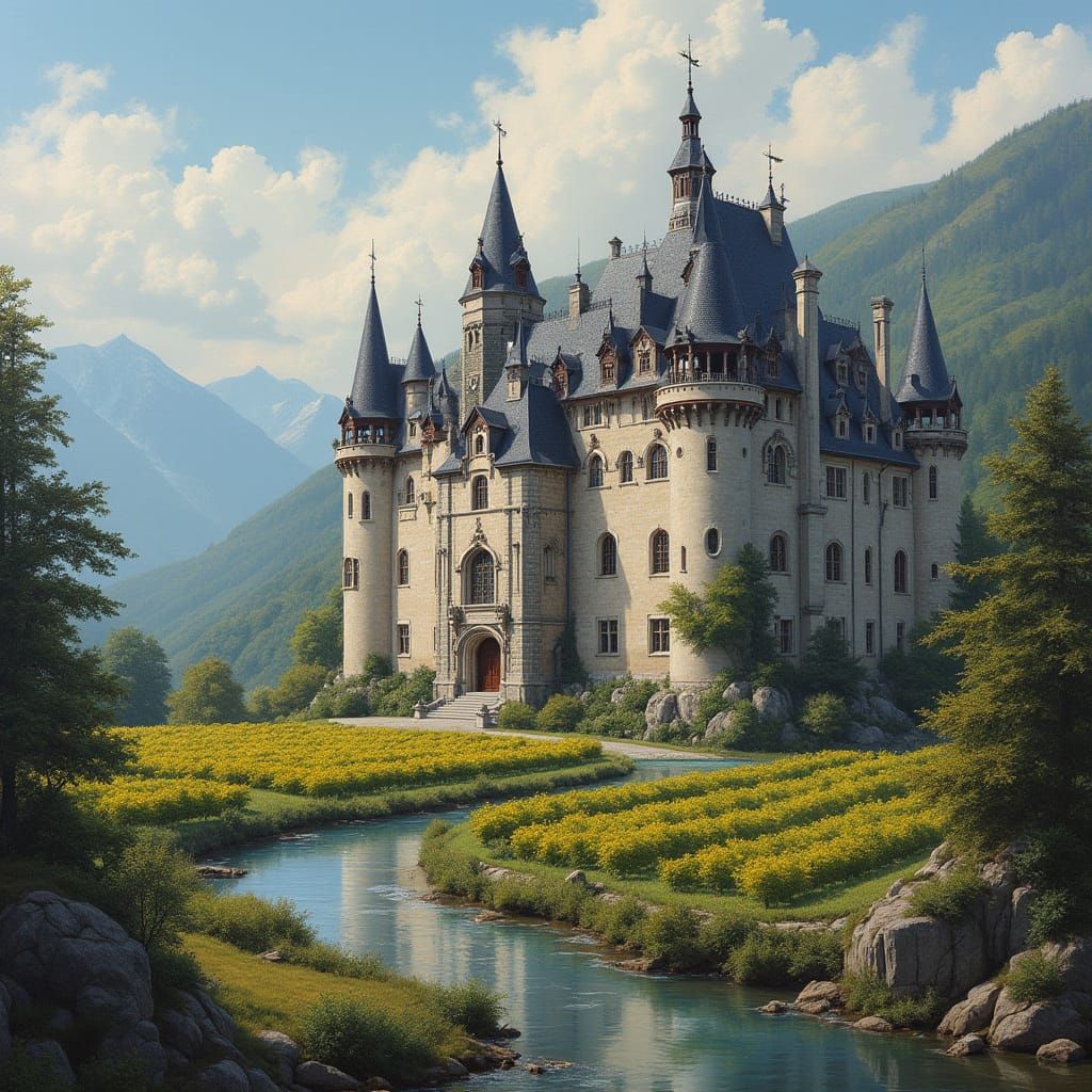 Elegant Castle Amidst Idyllic Mountains and Vineyards