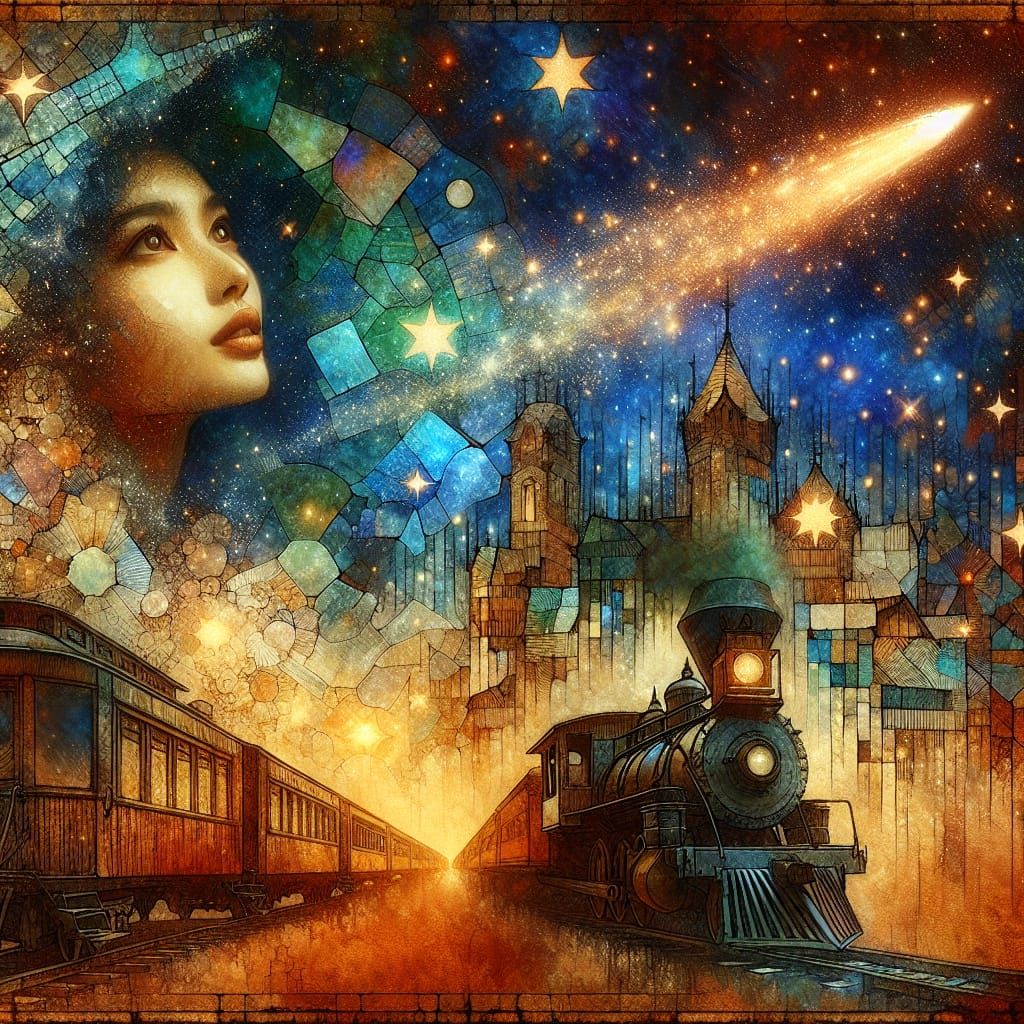 Whimsical Steampunk Western Under Starry Night Sky