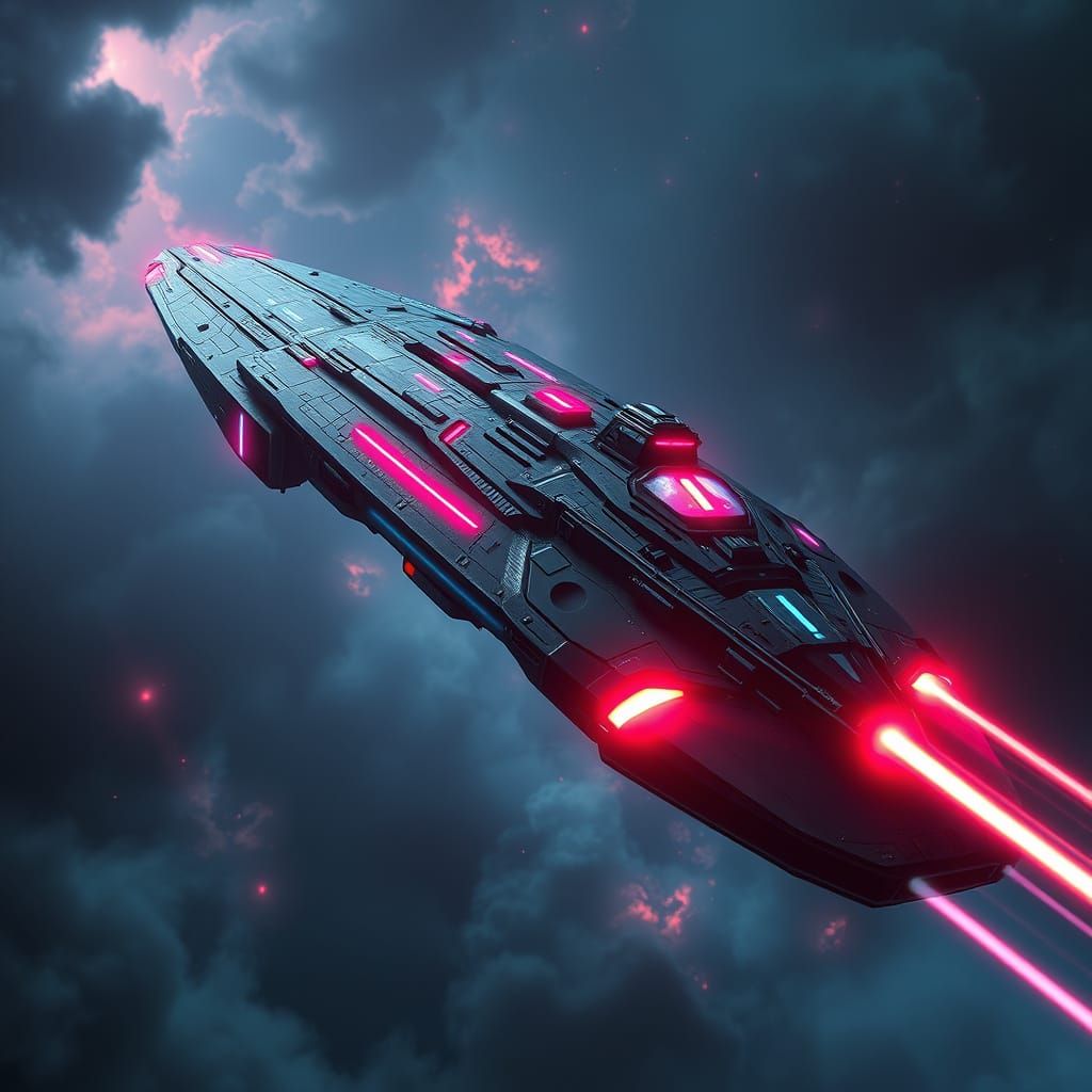 Majestic Black Spaceship Destroyer Cuts Through Turbulent Ne...