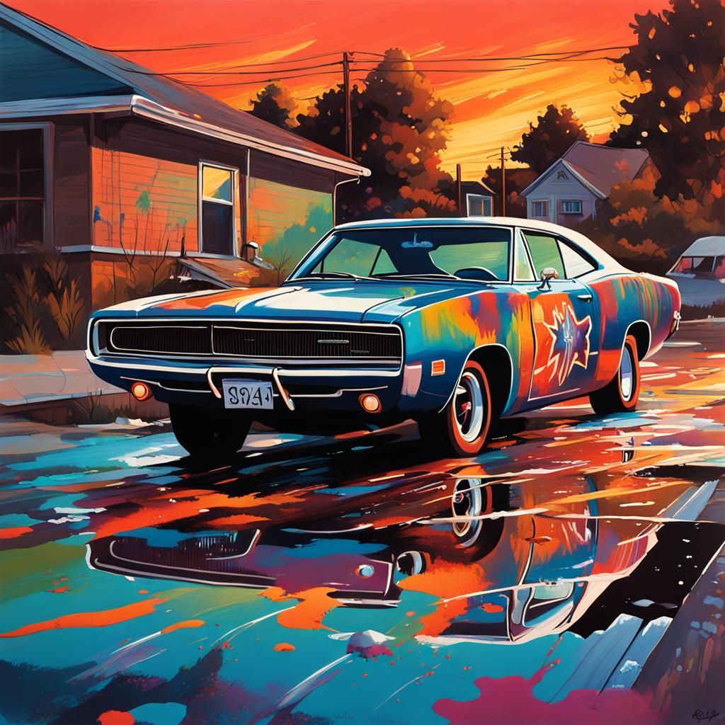 Shirtless Dad and 1969 Charger in Graffiti Art