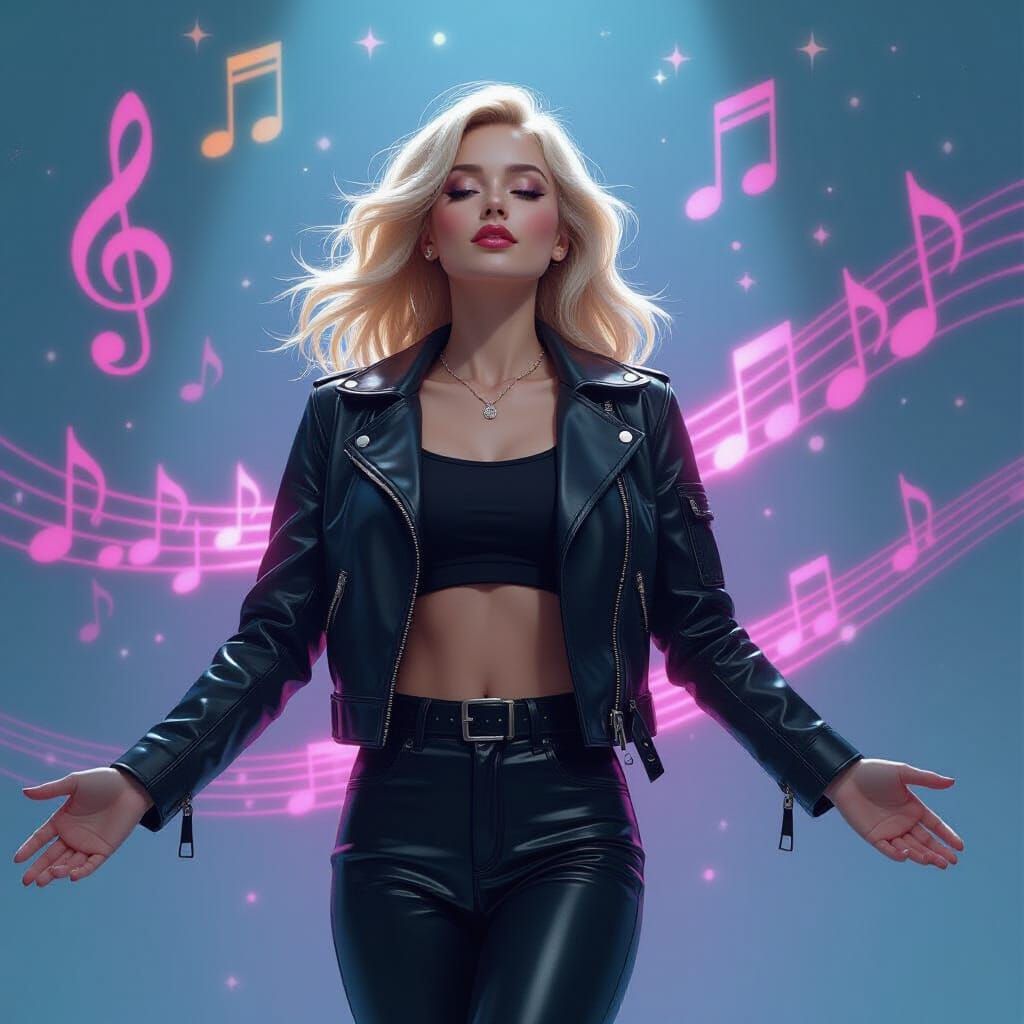 Ethereal Blonde Woman Floating in a Surreal Musical Dreamsca...