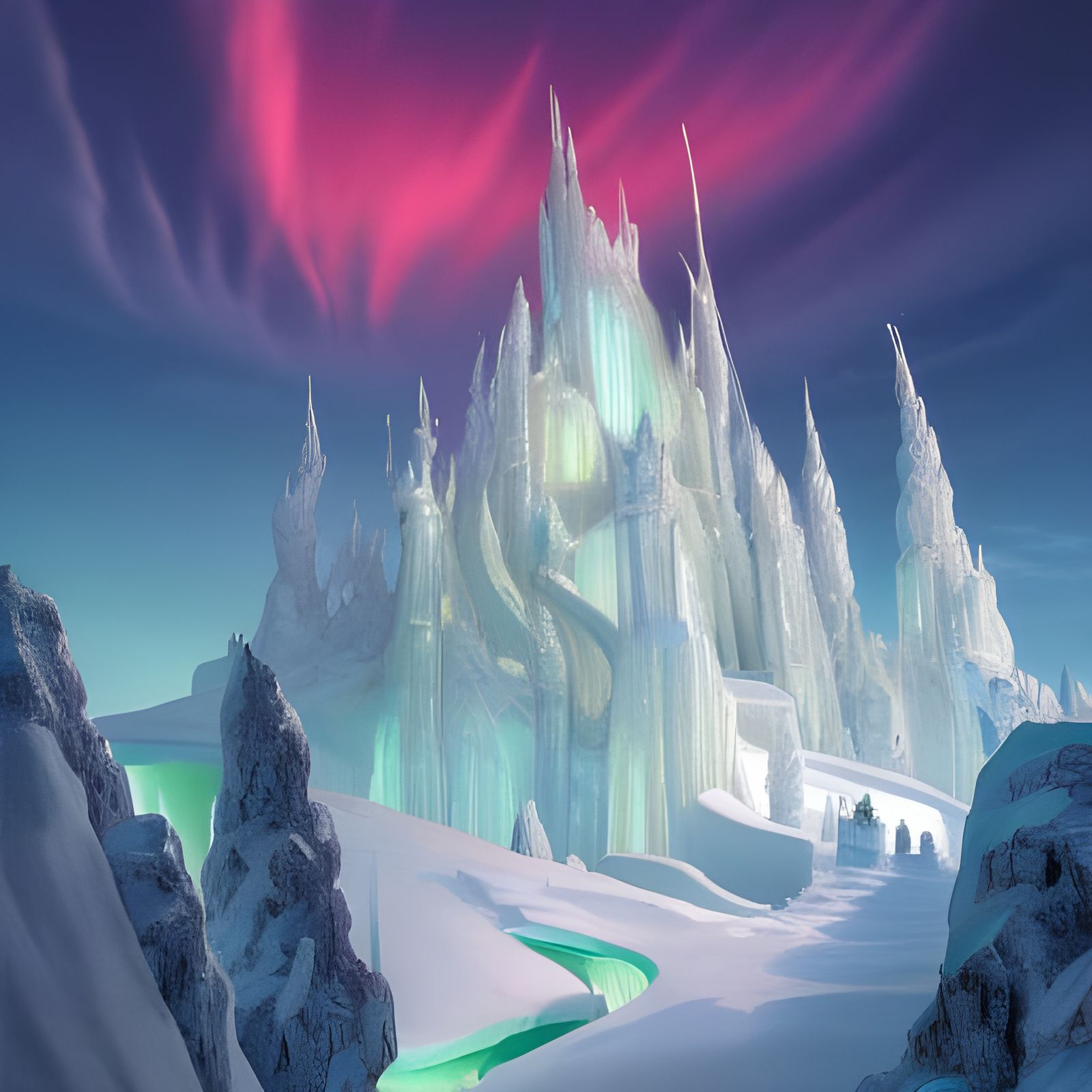 Intricate Ice Castle Under Northern Lights