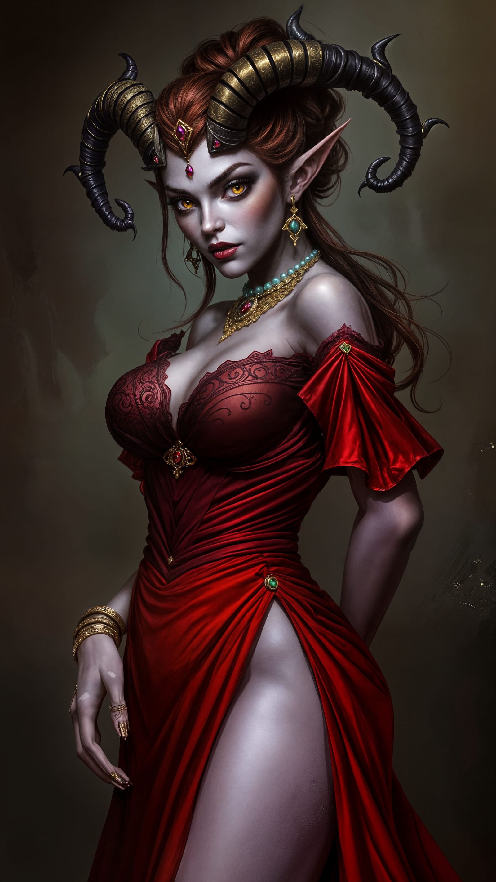 Dark Fantasy Tiefling Goddess in Elaborate Evening Gown