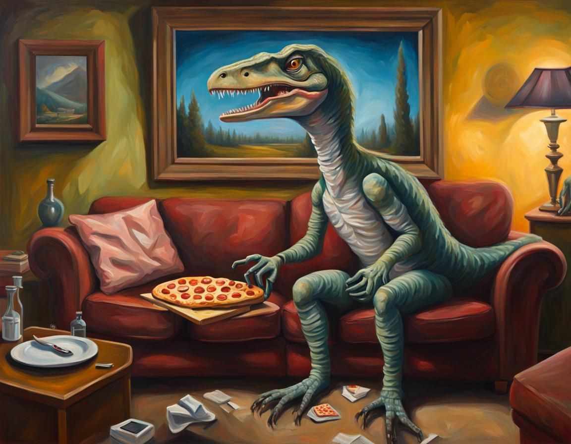 Velociraptor Relaxing at Home, Surreal Oil Painting