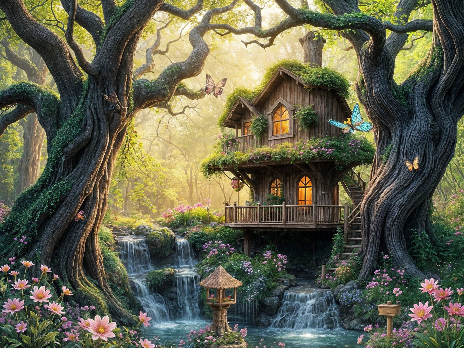 Whimsical Garden Oasis with Treehouse and Waterfall