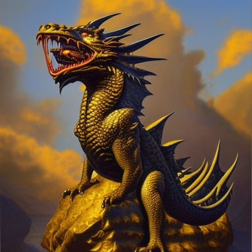 Dragon on Treasure Horde, Oil Painting