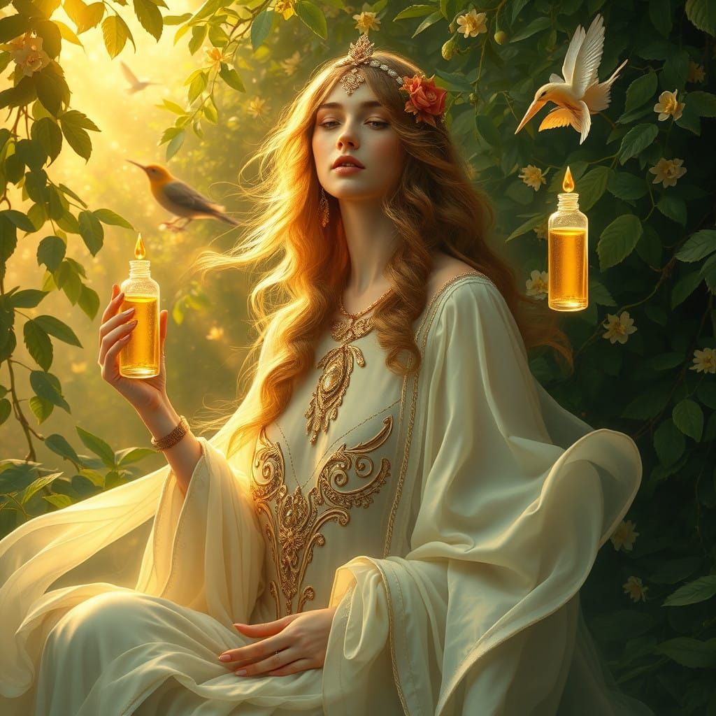 Ethereal Goddess of Flowing Oil in Art Nouveau Style
